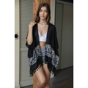 NEW LETO geometric embroidered kimono tassel cardigan in black